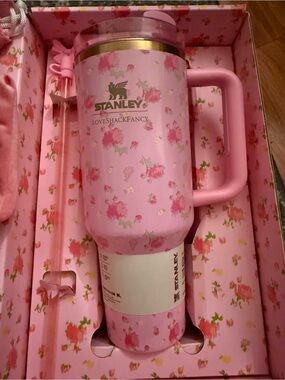 Stanley Pink Floral Travel Mug with Gold Accents